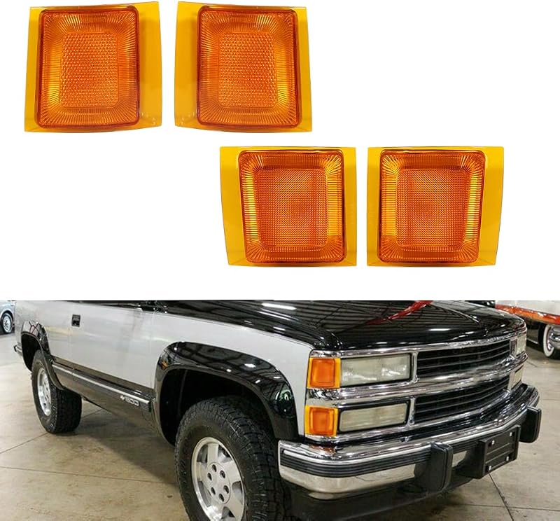 Para Chevrolet C/K 1500 2500 3500 Pickup 1994-1999; 94-99 1500 2500 Suburban; Chevrolet Tahoe 1995-1999, 94 Chevrolet Blazer de tamaño completo, carcasas de luz de marcador lateral de señal de giro delantera, lente ámbar, 4 piezas