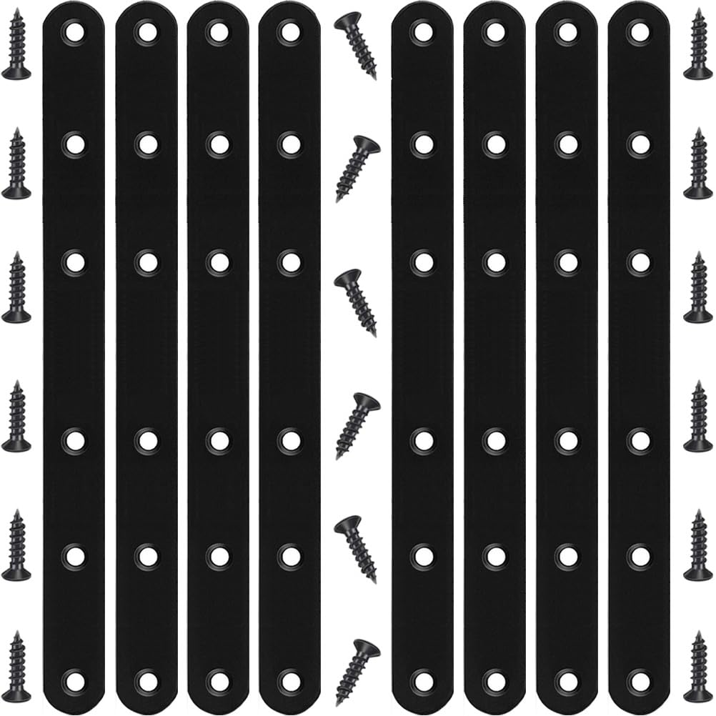 8 Pcs Black Flat Bracket 8 Inch Stainless Steel Straight Braces, Mending Plates Repair Fixing Brackets Heavy Duty Straight Repair Joining Plates with Screws