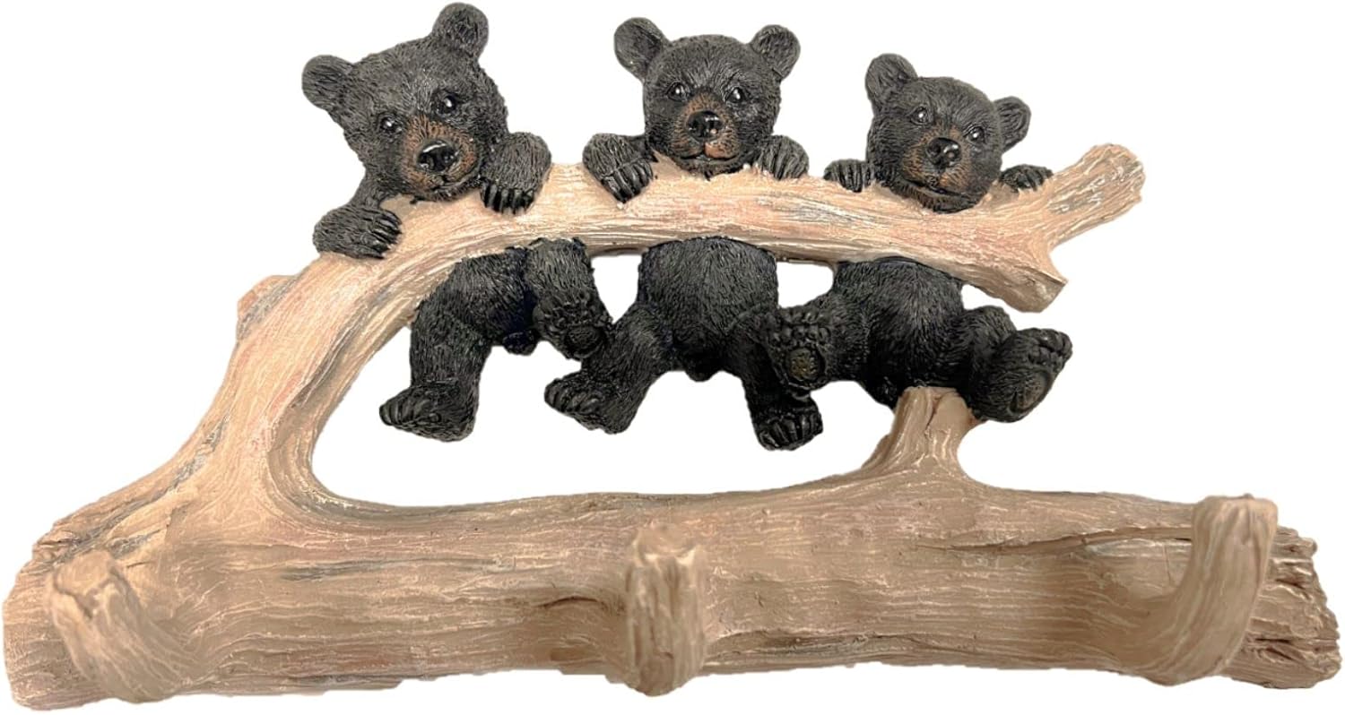 Decorative Wall Mounted Hook with Three Black Bear Cubs Hanging on a Tree Branch for Coats, Towels, Bags, Caps and More - Cabin Lodge Style Decor