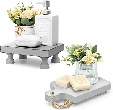EOSAHR Modern Bathroom Decor Combo Chic Wooden Pedestal Stand Riser Set for Display Decorations - Decorative Risers for Home Decor Gray