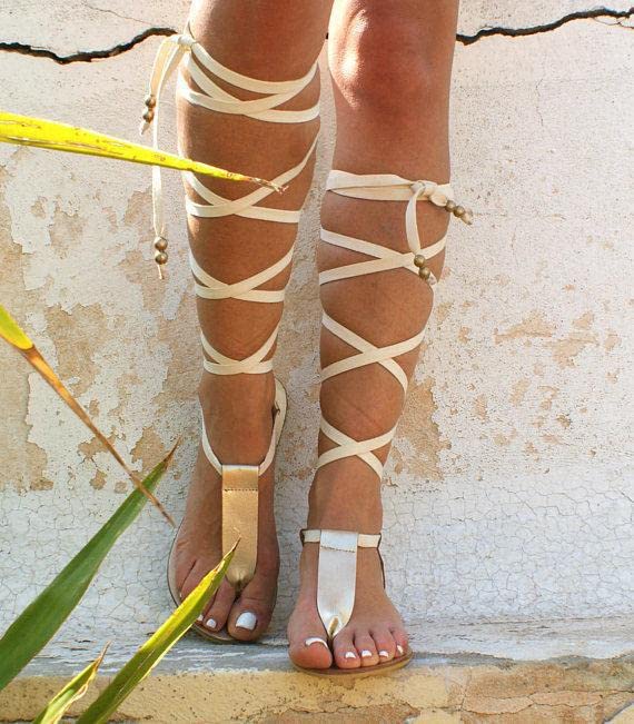 Image of Flat Knee High Gladiator Sandals for Women Strappy Lace Up Bohemia Sandals