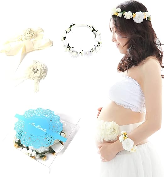 Amazon Co Jp 可愛いく飾る マタニティフォト撮影用小物4点セット サッシュリボンベルト 花冠 腕輪 ベビー ヘアバンド 綺麗に保管できるin Estilo 収納ケース ホワイト ベビー マタニティ