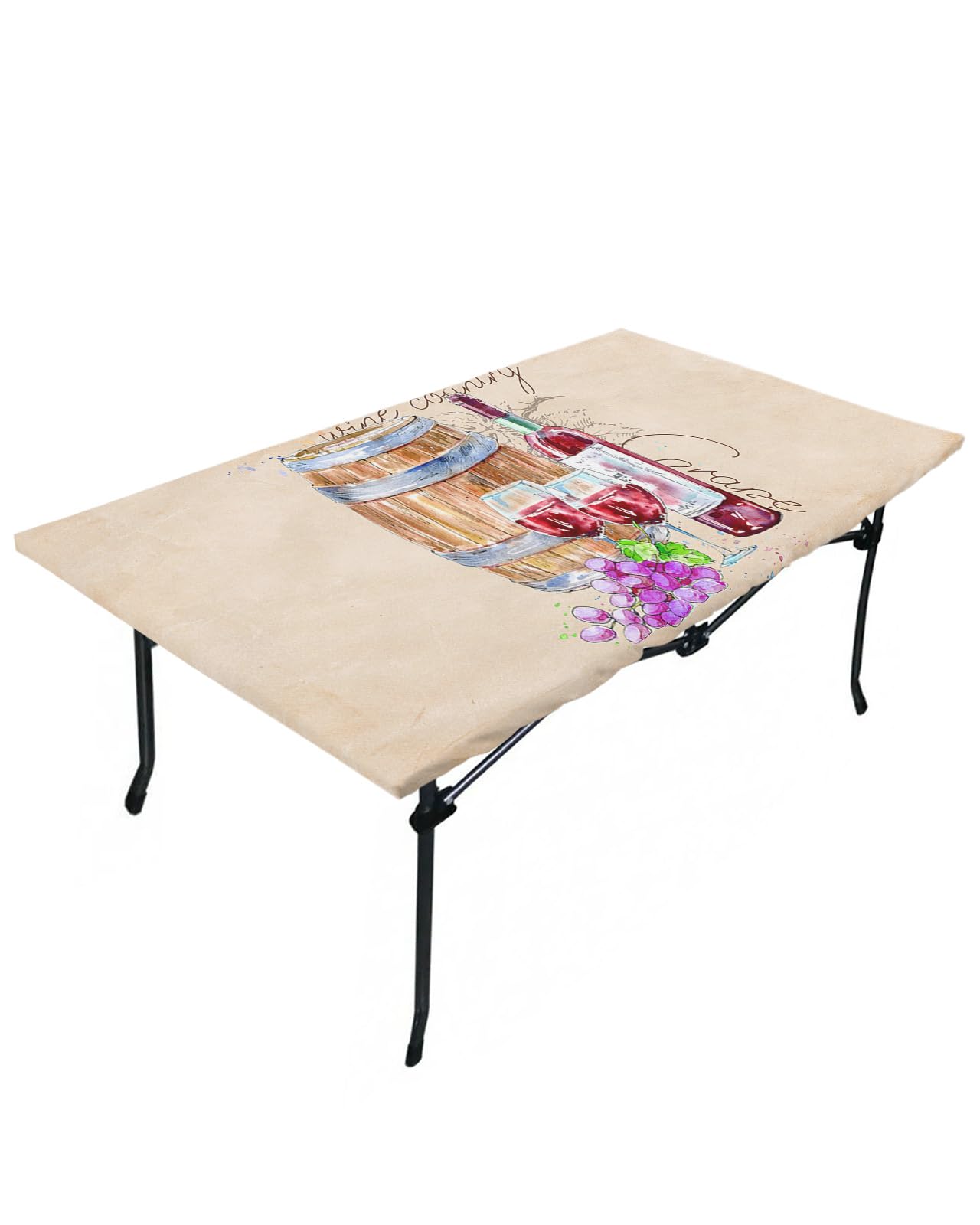 LEOKOTI Wine Theme Fitted Table Covers for 6 Foot Tables, Farmhouse Barrel Purple Grapes Kraft Paper Elastic Table Cover Rectangle 32