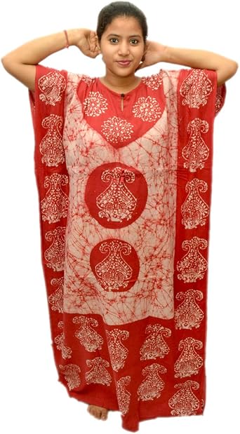Odishabazaar Womens Cotton Caftan Nighty Red White Batik Kaftan Maxi Dress