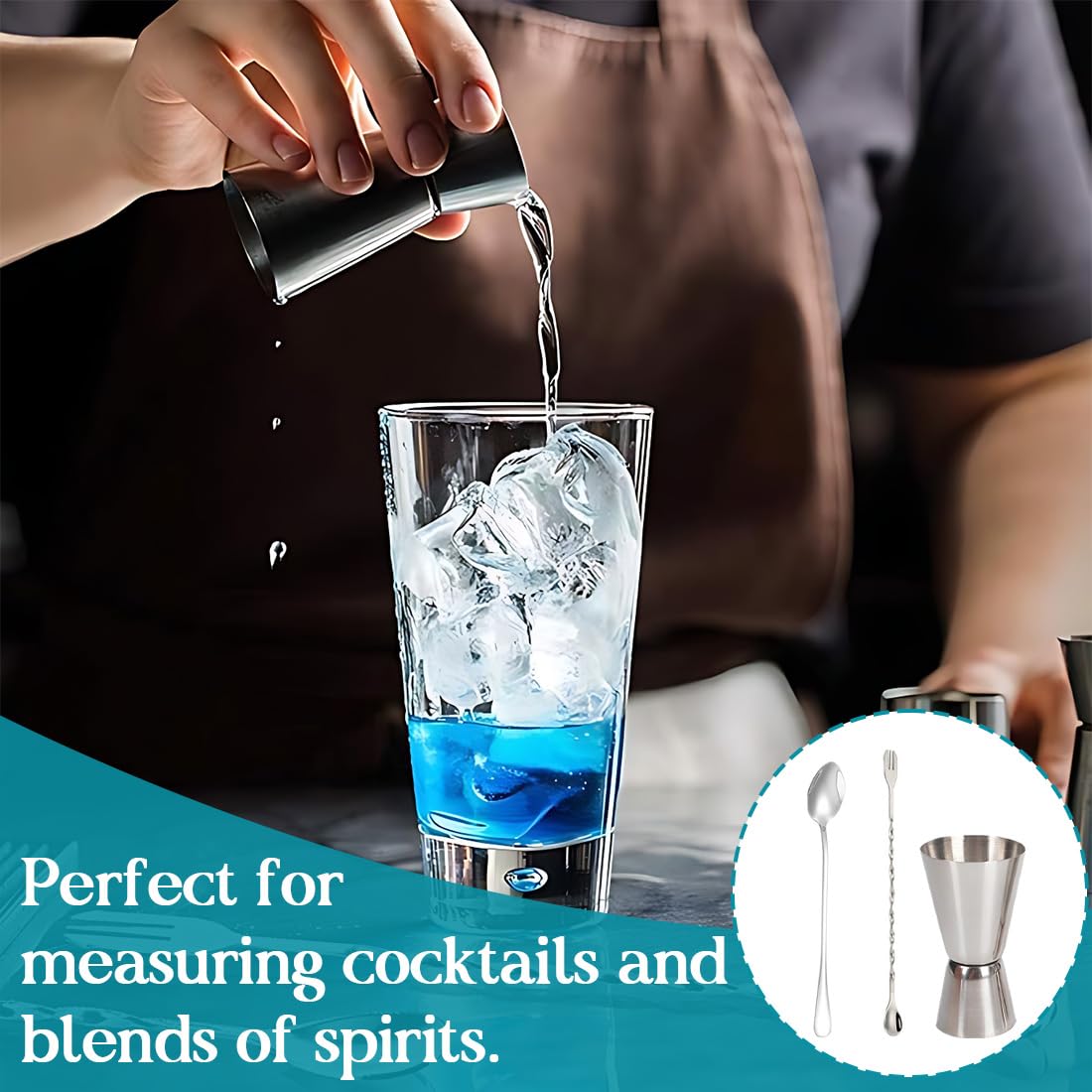 Misurino Doppio per Cocktail,Misurino Doppio per Cocktail 30ml /60ml Stile Giapponese 2 Cucchiaini Bar In Acciaio Inox Attrezzatura Per Bar,Discoteche,Party, Feste, Cocktail, Shaker (Argento)