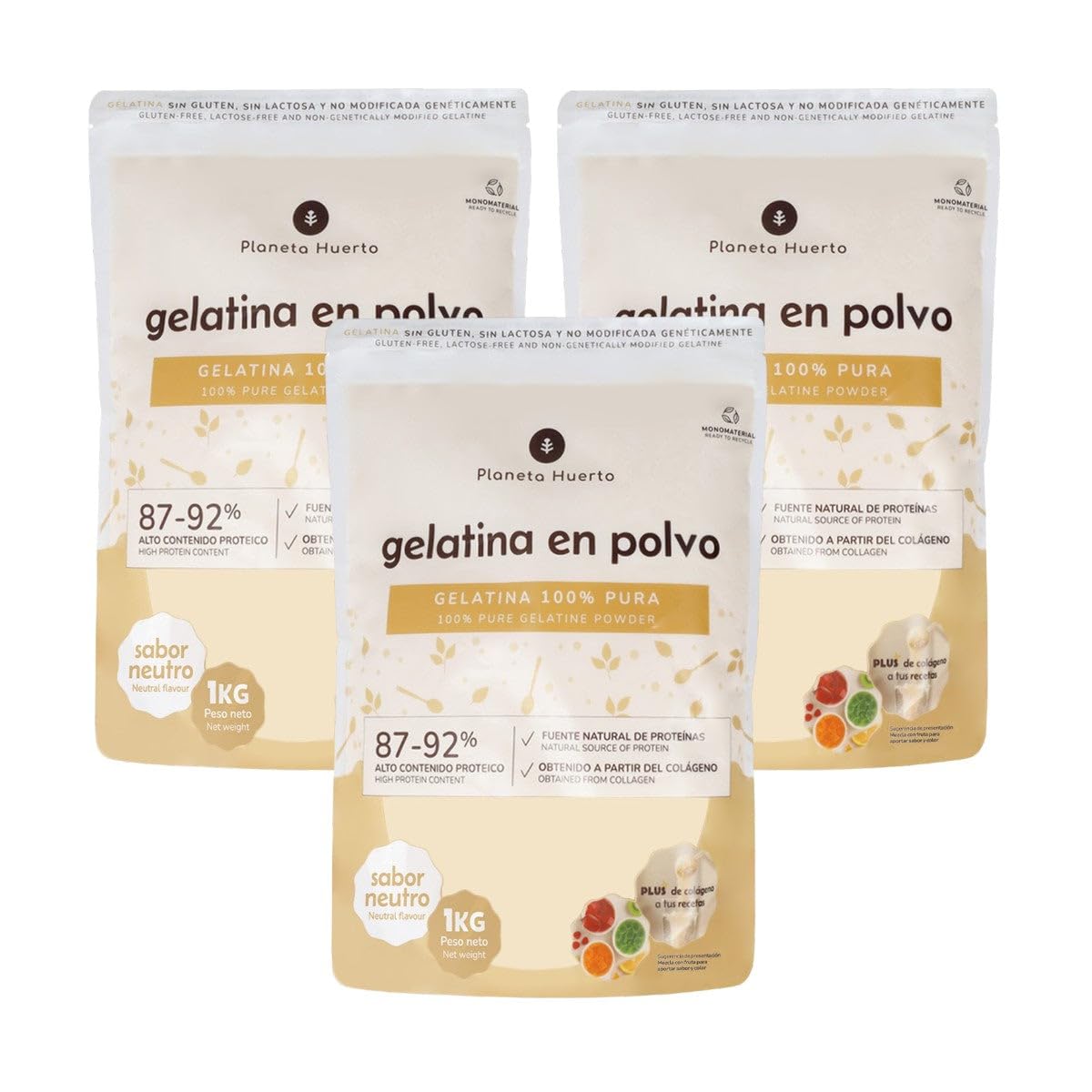 PLANETA HUERTO | Pack 3x Gelatina neutra en polvo fuente de colágeno 1 Kg