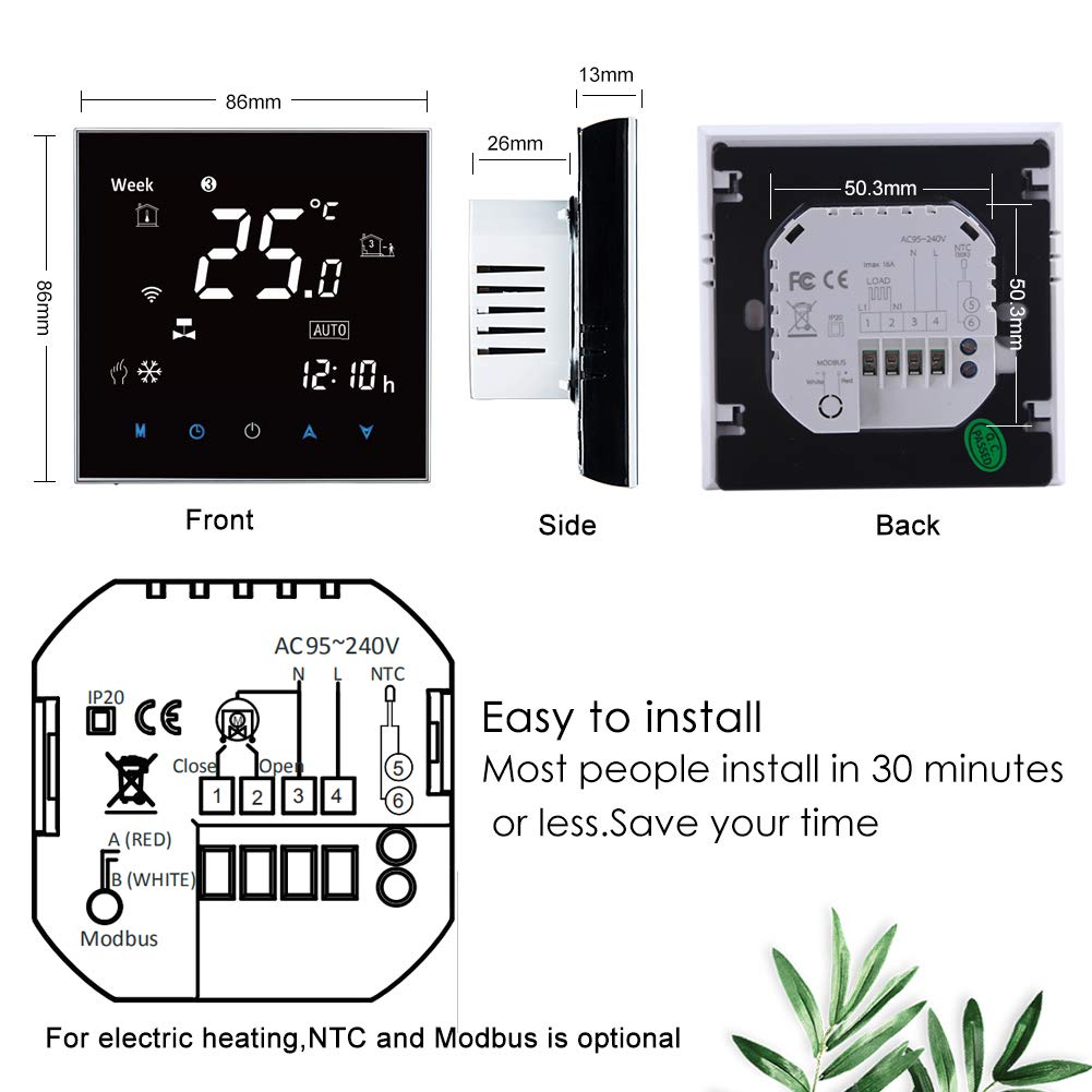 Inteligentny termostat WiFi kompatybilny z Alexa Google Home IFTTT - programowalne bezprzewodowe termostaty do ogrzewania elektrycznego, pilot zdalnego sterowania, cyfrowy regulator temperatury, ogrzewanie podłogowe 16A
