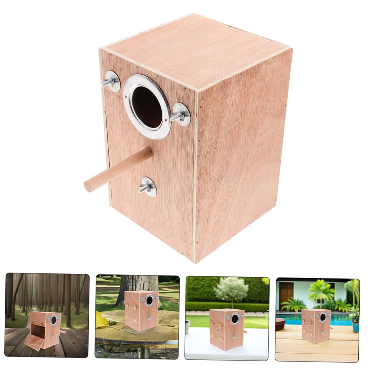 Veemoon Caja de Cría para Periquitos de Madera Natural con Soporte y Colgante Ambiente Cálido para Agapornis Cacatúas y Loros Fácil Instalación y Mantenimiento para Voladeras Exteriores