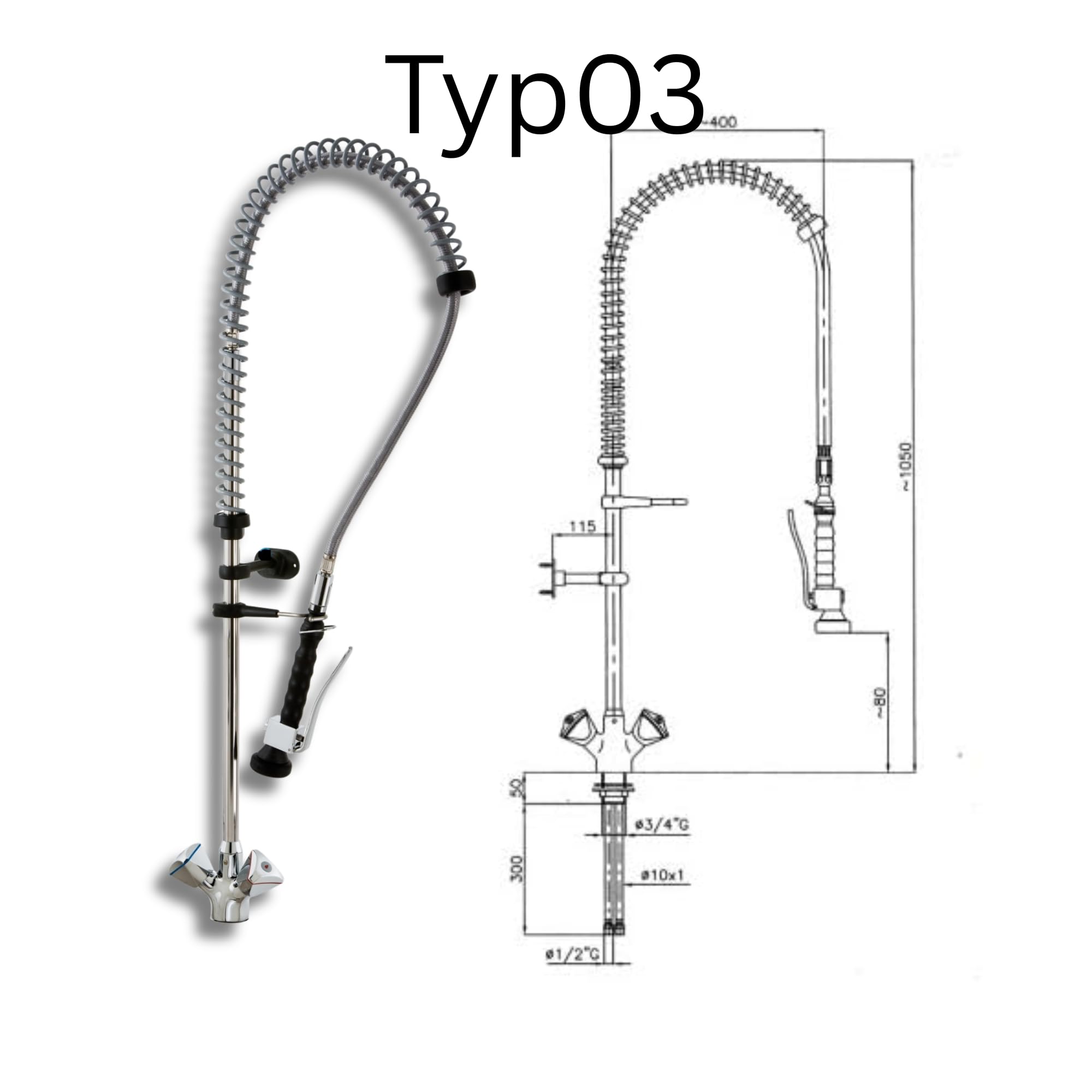 Geschirrwaschbrause für Gastro Küchen - 120 cm Höhe - AISI 304 Edelstahllegierung - Lochbohrung 29mm - biegsamer Wasserhahn Armaturen Gastronomie Wand Armatur
