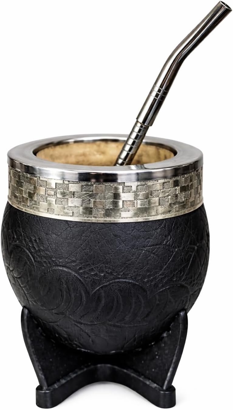 Yerba Mate Cup Set with Straw (Bombilla), Imperial Argentina-Style Mate Cup with Calabash Interior, Tooled Leather Wrap, Alpaca Silver Band and Steel Rim, Handmade with Traditional Argentino Craft