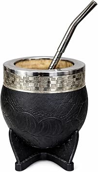 Yerba Mate Cup Set with Straw Bombilla, Imperial Argentina-Style Mate Cup with Calabash Interior, Tooled Leather Wrap, Alpaca Silver Band and Steel Rim, Handmade with Traditional Argentino Craft