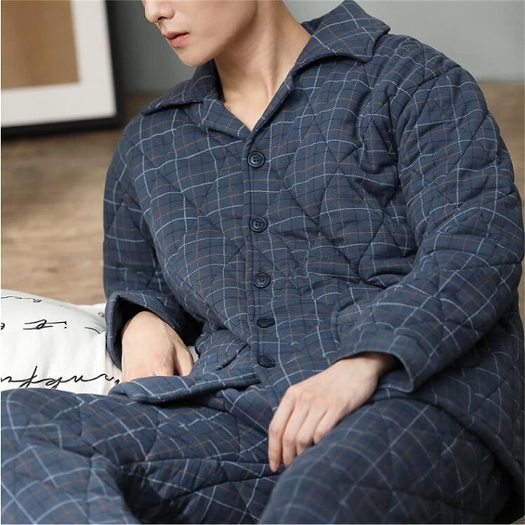 Winter Men's Pajamas Padded Thick Warm Three-layer Plaid Cotton Homewear Set