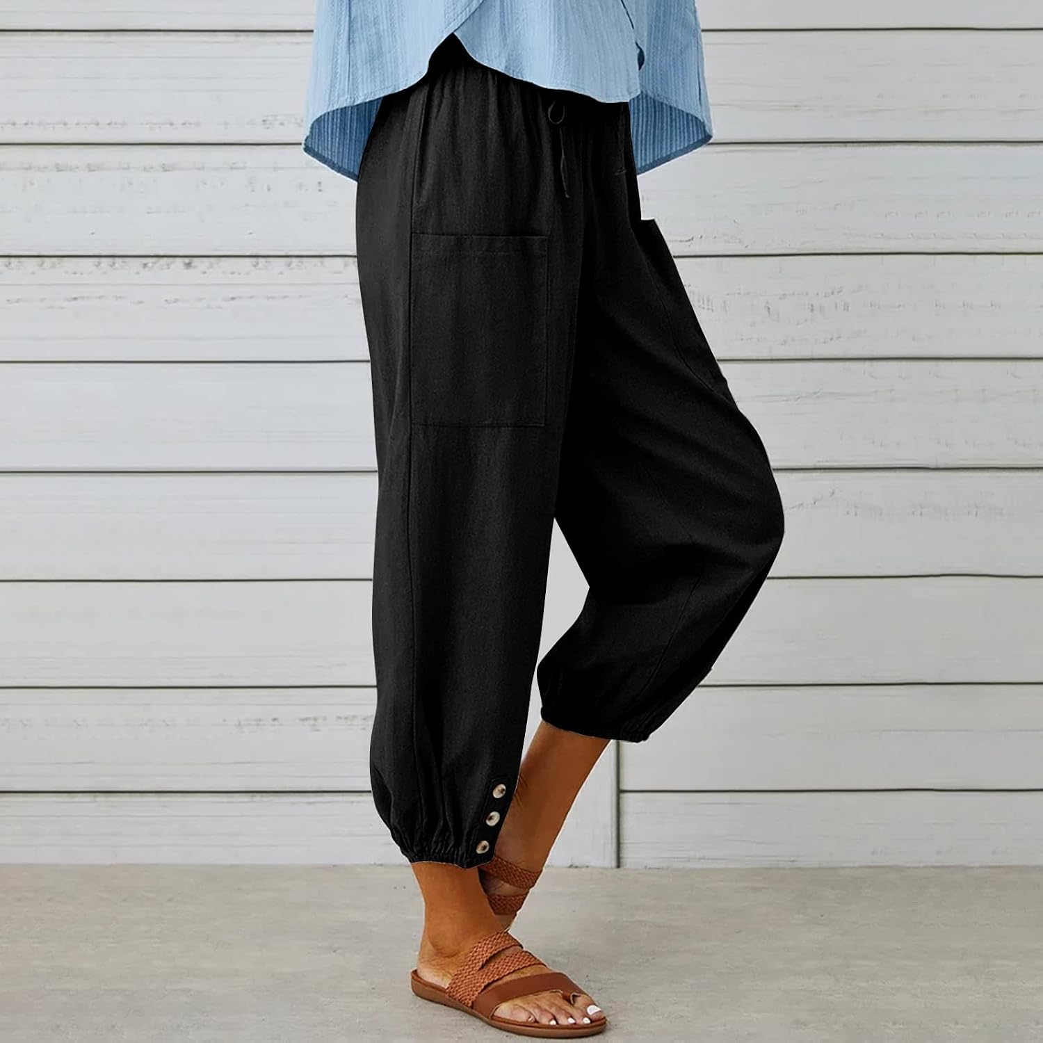 Womens Capris for Summer High Elastic Linen Pants Capris Casual Stretch Straight Leg Trousers with Front Pockets
