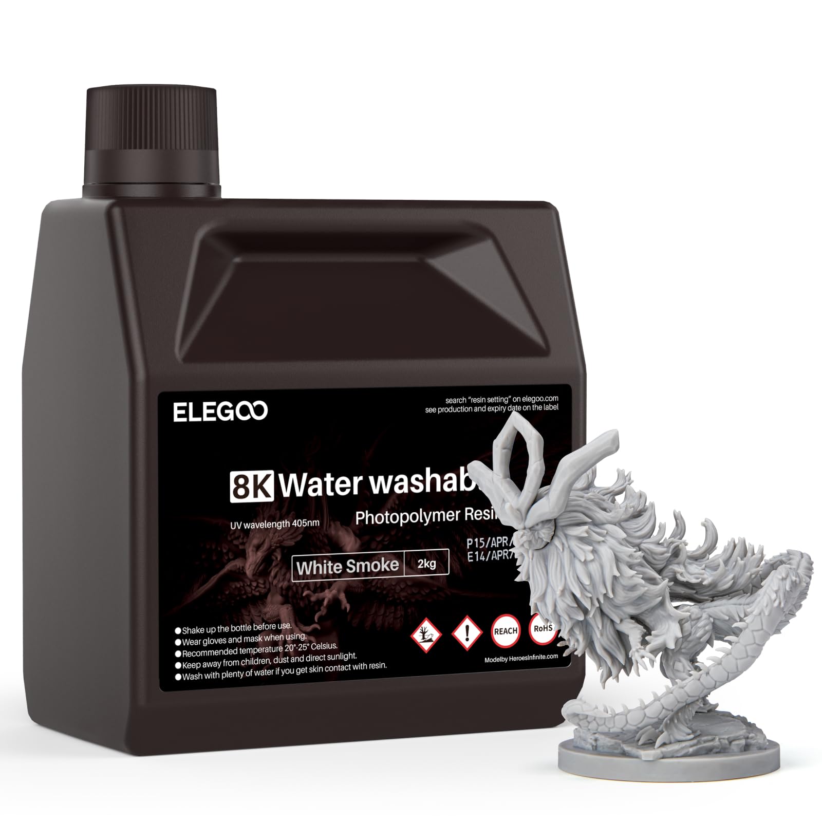 ELEGOO 8K Resina Lavable con Agua de Fotopolímero 405nm LCD Resina de Curado UV Mejor para Saturn 2 8K LCD 3D Impresora, Blanco Humo 2000g