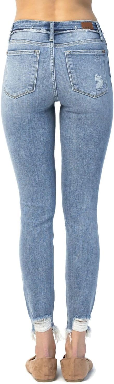 Judy Blue Women's Mid Rise Release Waist Band Distressed Hem Skinny Jeans