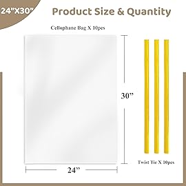 Clear Gift Bags 10 PCS 24x30 Inches Large Cellophane Wrap for Gift Baskets Wrapping Plastic with Ties for Gift Giving, Packaging Products