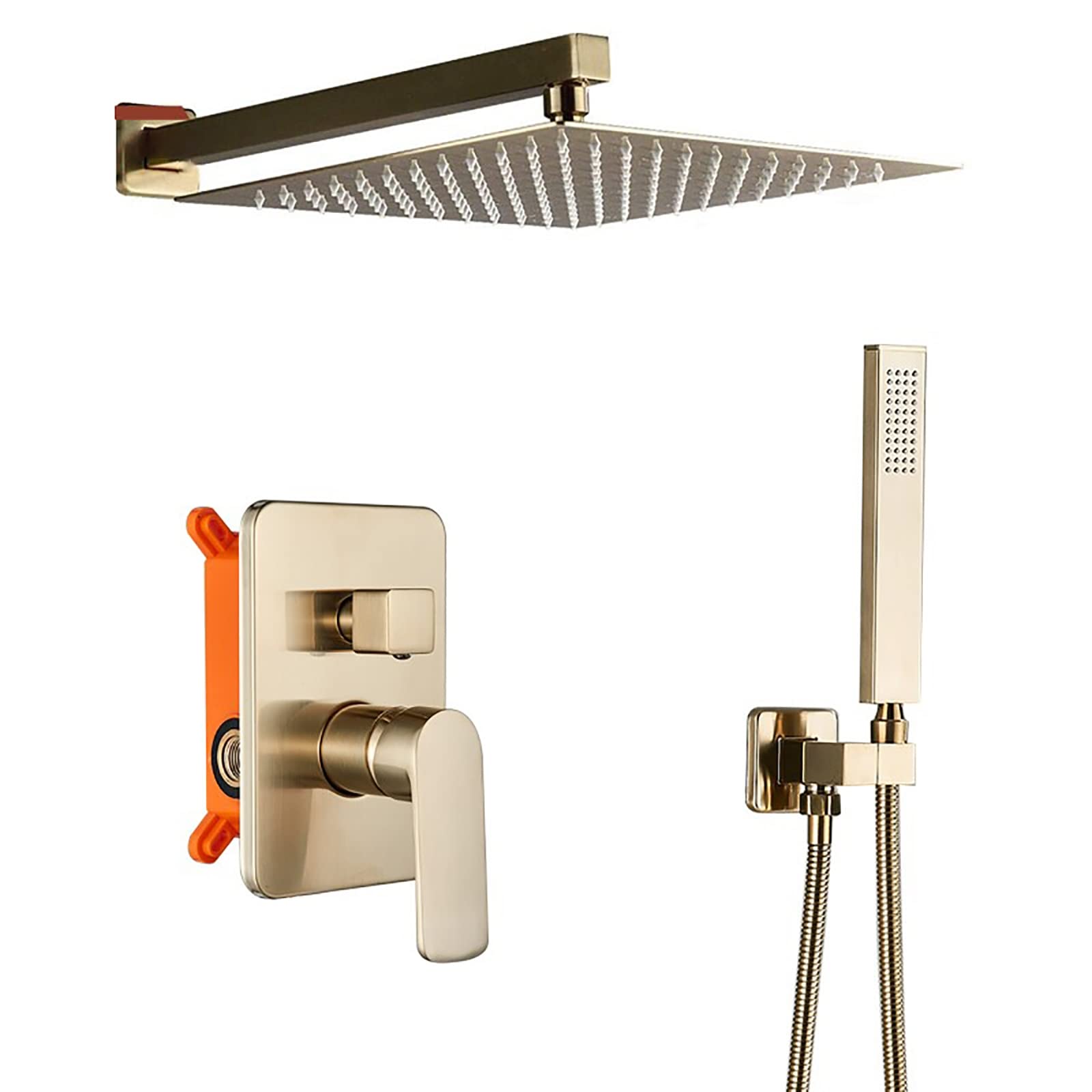 SnamicE Rainfall Shower System Concealed Brushed Gold Shower Faucet Set with Handheld Spray Shower Combo Set High-Pressure Wall Mounted Square Rain Shower Head Shower Mixer Tap,16,