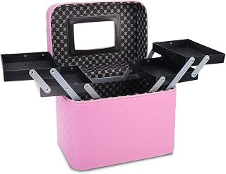 HighFree 4 Layer Foldable Tray Makeup Cosmetic Case with Mirror, Waterproof Black Portable Train Organizer Case, Large Capacity Multifunctional Toiletry Box, Pink, Cosmetic Train Cases