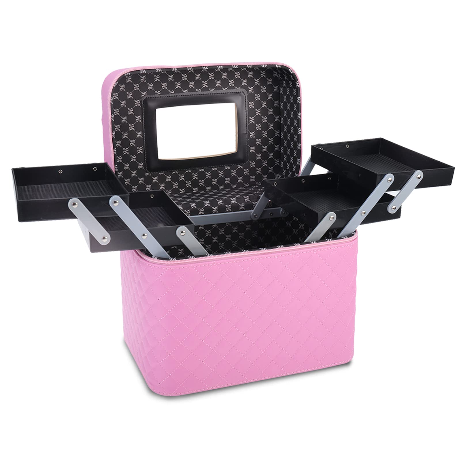HighFree4 Layer Foldable Tray Makeup Cosmetic Case with Mirror, Waterproof Black Portable Train Organizer Case, Large Capacity Multifunctional Toiletry Box, Pink, Cosmetic Train Cases