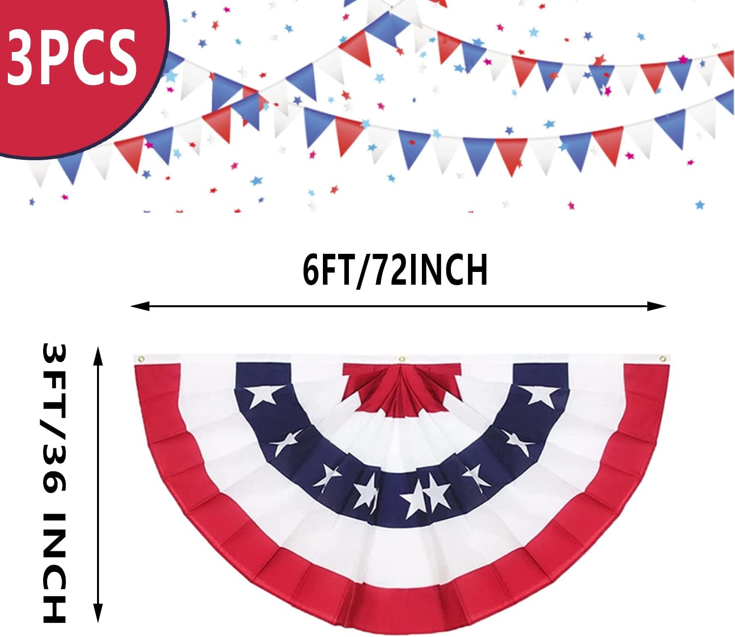 3 x 6Ft American Pleated Fan Flag, USA Patriotic Half Fan Bunting Flags, 4th of July Decorations Outdoor Banner(Set of 3)