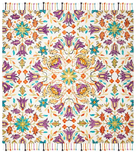 SAFAVIEH Aspen Collection 7' Square Ivory / Purple APN115A Handmade Boho Braided Tassel Wool Area Rug