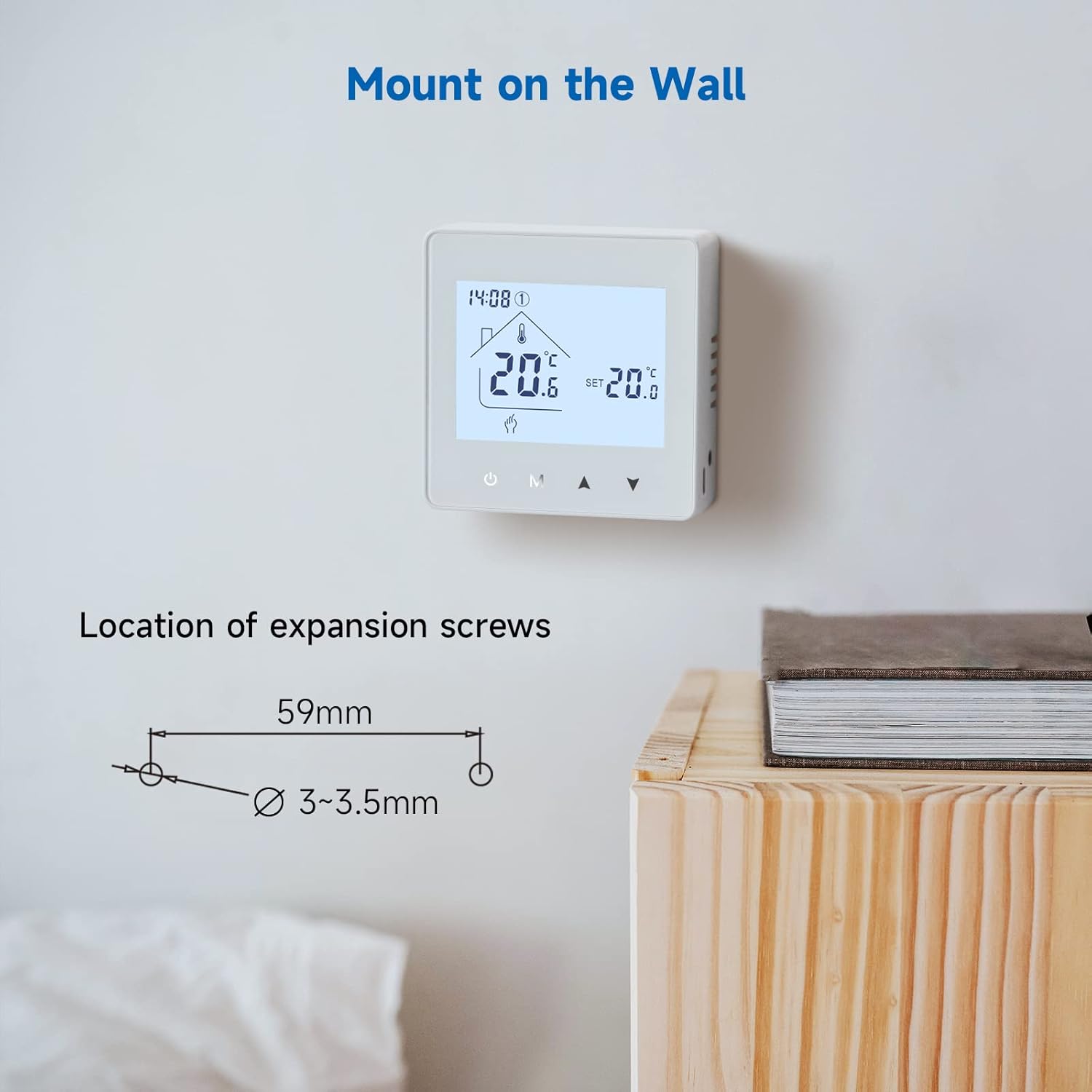 The thermostat mounted on a wall, with a diagram showing screw hole spacing of 59mm and diameter 3-3.5mm.