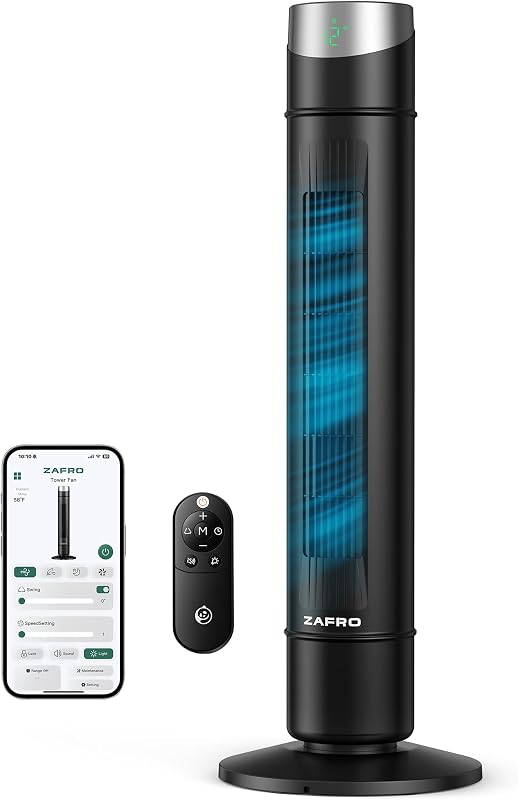 ZAFRO Smart Tower Fan for Bedroom,120° Oscillating Fans that Blow Cold Air | 28ft/s High-Speed 12 Speeds 4 Modes Upgraded DC 22dB Ultra Quiet,App/Voice Control,Standing Fan with 12H Timer,36Inch,Black