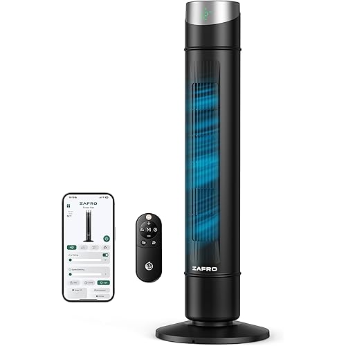 ZAFRO Smart Tower Fan for Bedroom,120° Oscillating Tower Fan,28ft/s High-Speed 12 Speeds 4 Modes,Upgraded DC 22dB Ultra Quiet,App/Voice Control,Standing Fan with 12H Timer,36Inch,Black