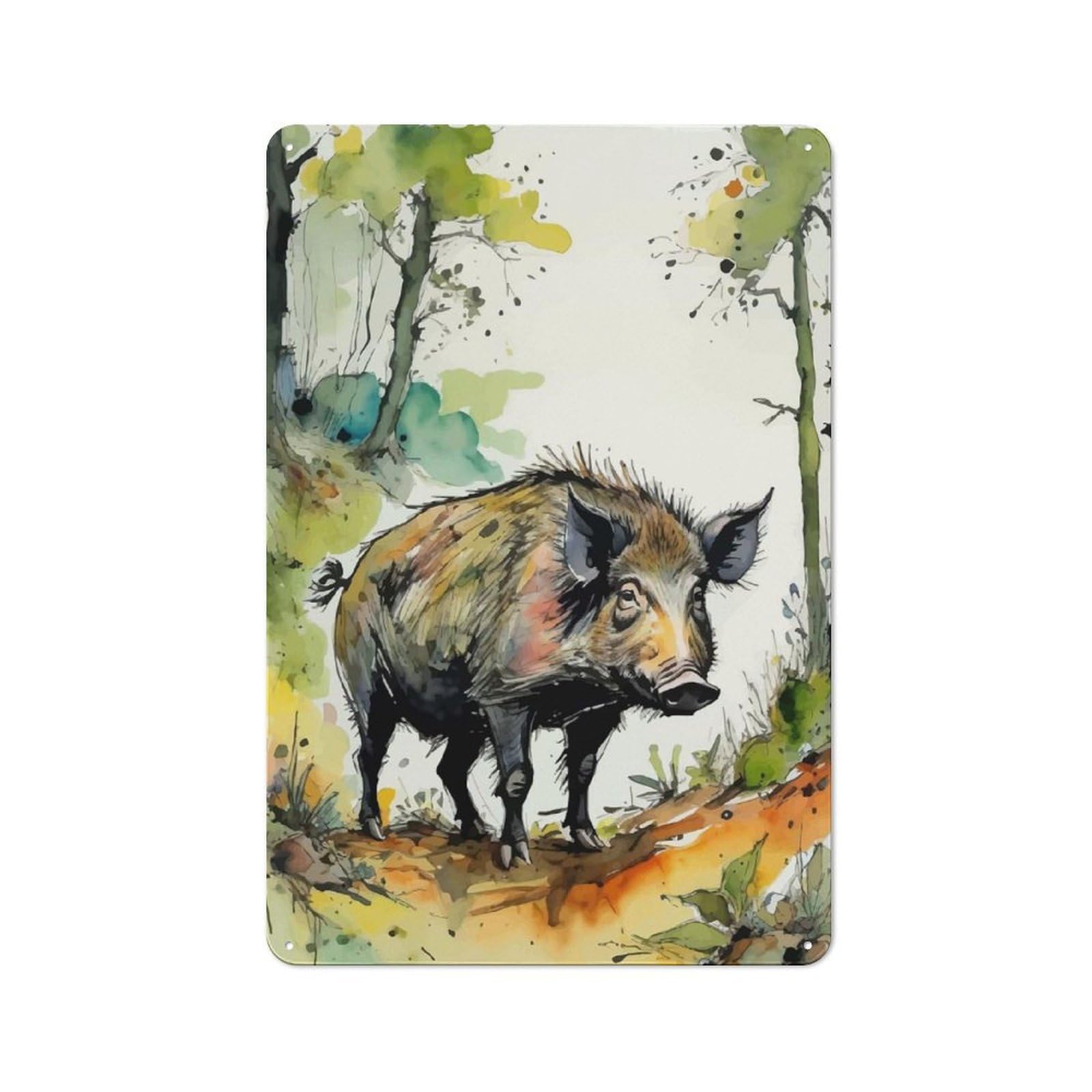 Watercolor Wild Boar Tin Sign 30x20cm for Living Room Wall, Rustic Wall Decor, for Living Room Decor Lovers