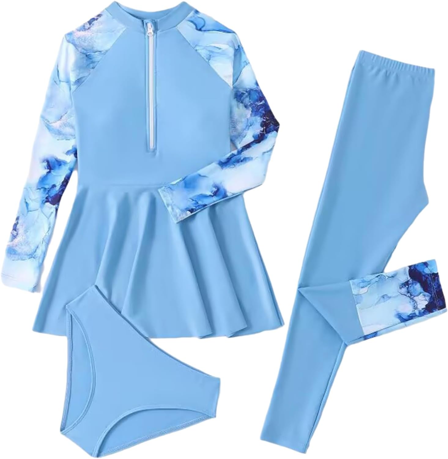 Kids Girls 3Pcs Rash Guard Long Sleeve Swimsuit Swim Dress with Pants and Briefs Summer Bathing Suit