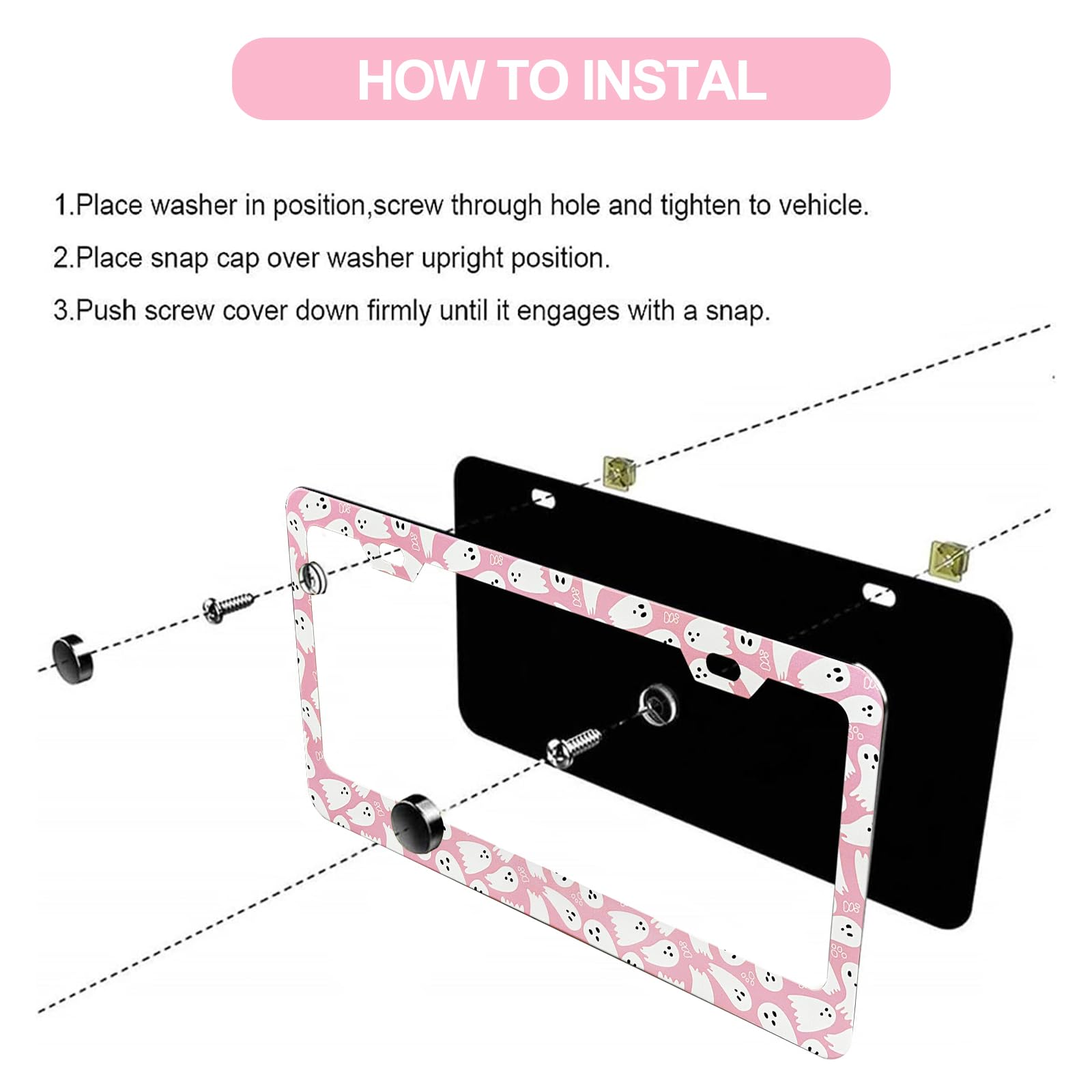 Pink Cute Ghost License Plate Frames for Women - 2 Pack Pink Car Plate Holder Cover Car Accessories — view 3