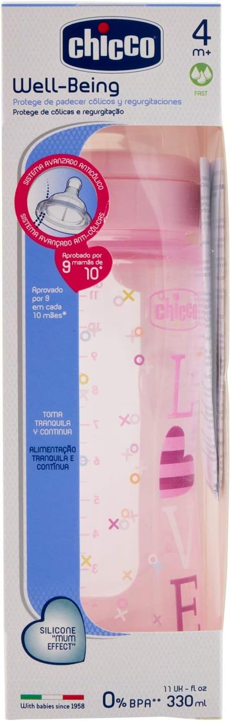 Chicco Baby Bottle Wellbeing Colored Polypropylene and Silicon Model 330ml + 4Mesi
