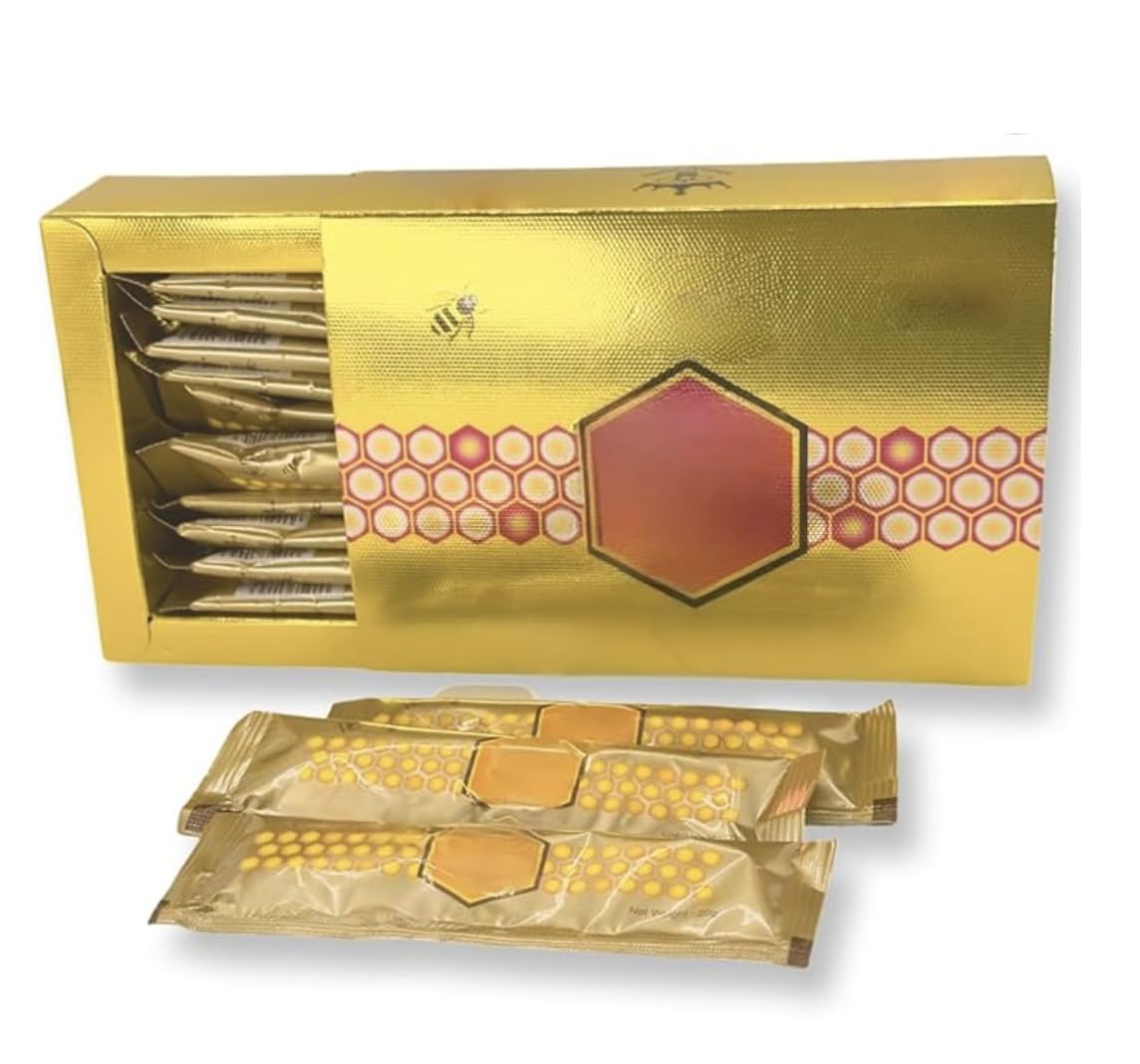 Large 12 Pack of Natural Honey Pack Enriched with Natural Jelly - Bee Pollen from Ginseng Blossoms & Herbs, Full Box of 20G Honey Sachets