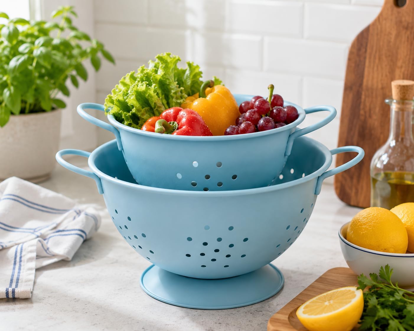 HOMEFRONT Colander Set of 2, Stainless Steel Strainer Small 8.8" & Large 10.75" with Dual Handles & Stable Base | Pasta Vegetable Fruit Drainer | Dishwasher Safe Kitchen Colander (SKY BLUE)