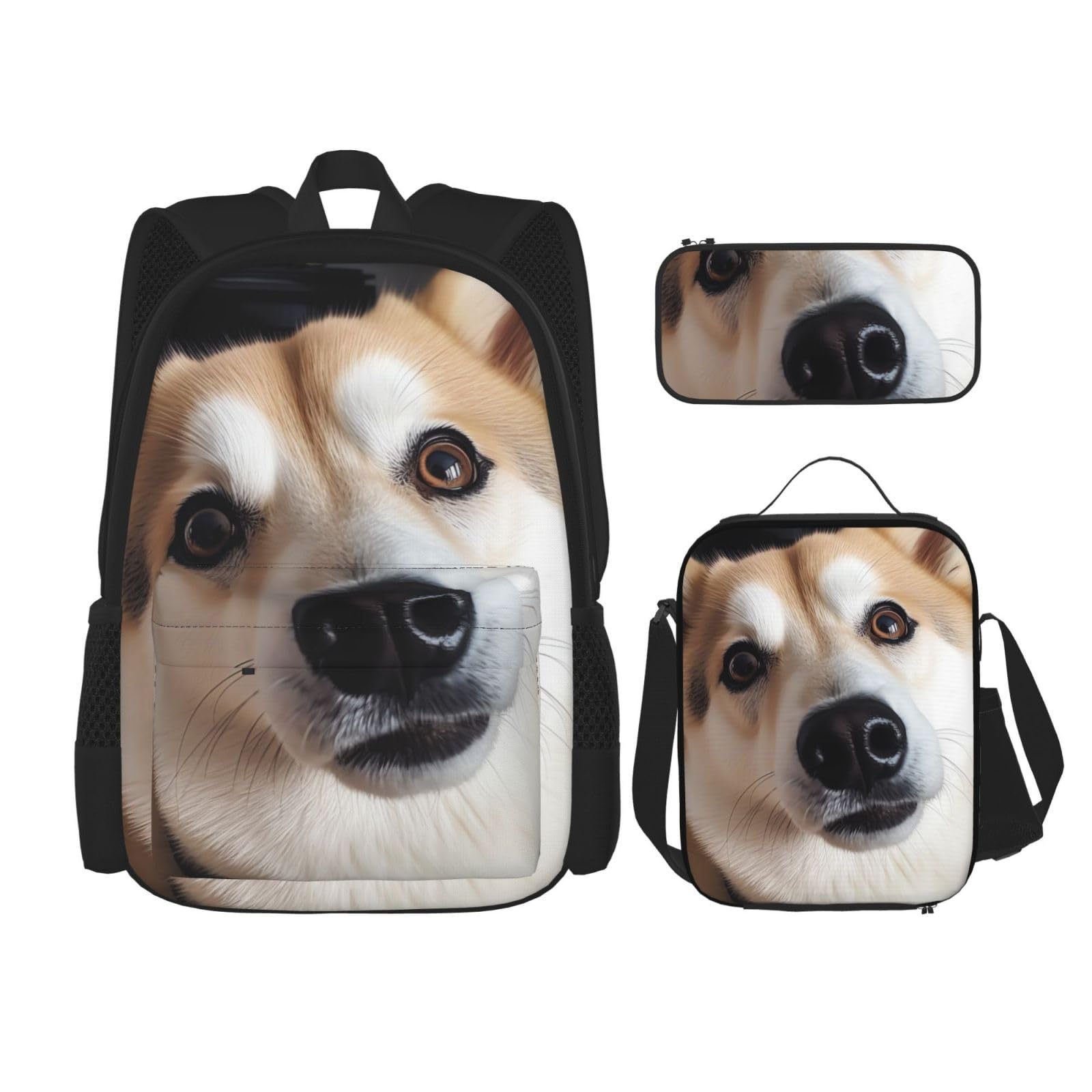 Zaino casual con stampa fotografica di cane animale con portapranzo, astuccio per laptop, zaino da viaggio, Nero , Taglia unica