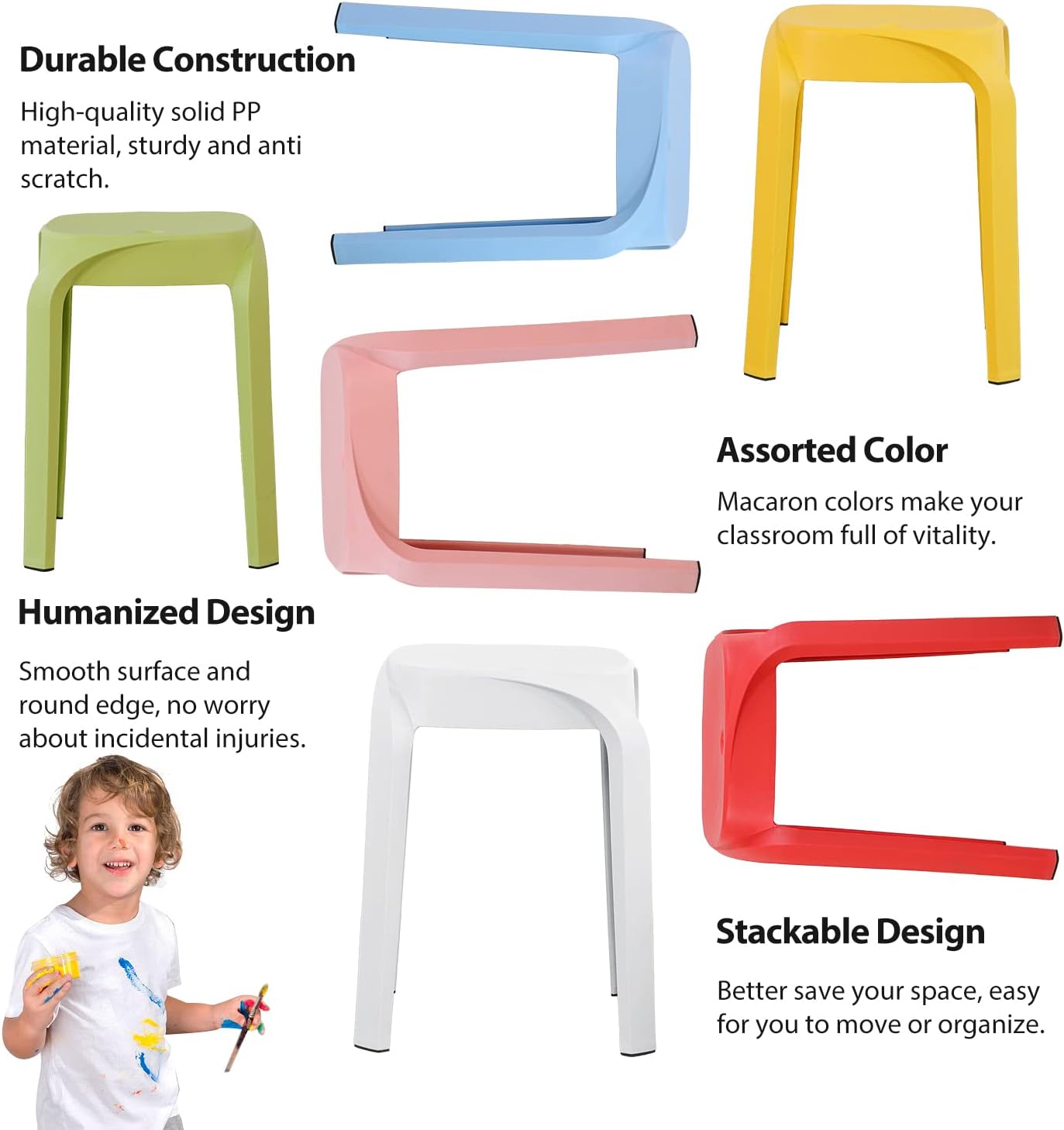 5 Pack Stackable Stools, 18" Classroom Stack Chair School Plastic Stools for Seating Classroom, Students, Adults, Kitchen, Dining Room