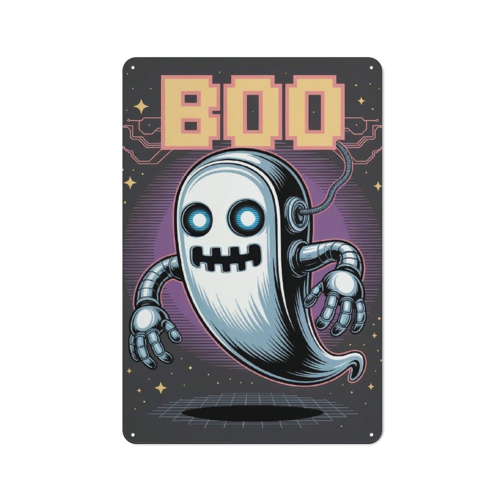 Junmoney Robotic Ghost With Pixelated Boo Decorative Metal Sign 30X20cm, Creative Studio Wall Plaque For Hobby Room, Office, Lounge Or Living Room