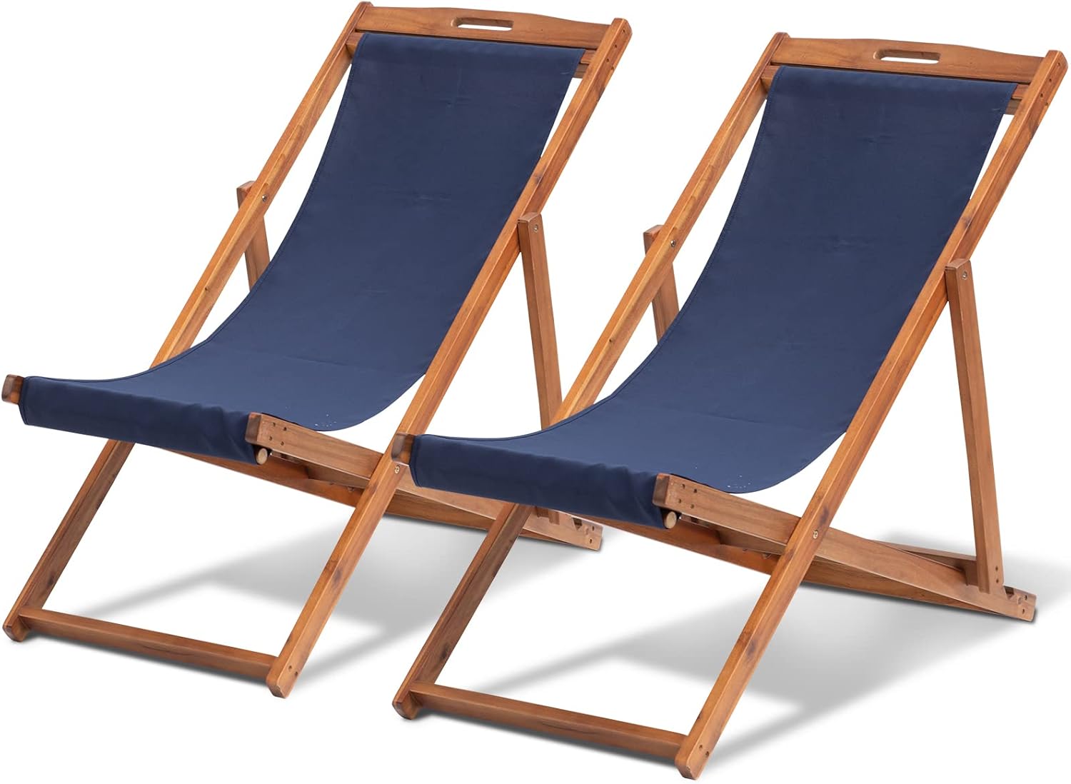 Sling Chairs Outdoor Set of 2, Folding Beach Lounge Chair Eucalyptus Wood Frame Patio Chair, 3-Stage Adjustable Reclining Tanning Chair (Blue)