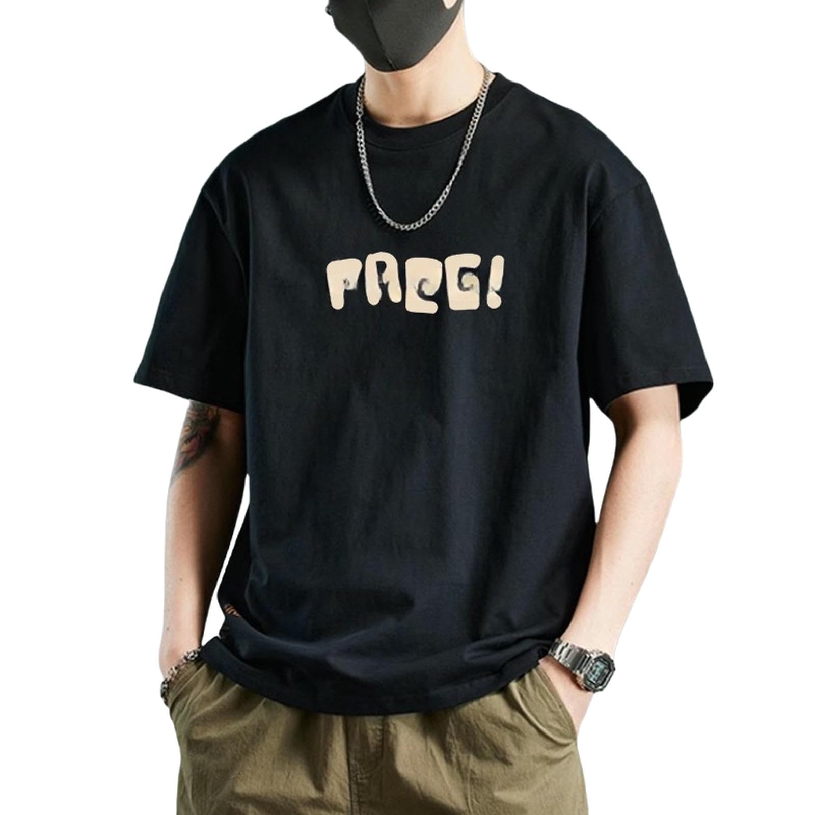 T-shirt męski na lato luźny All-Match T-shirt z krótkim rękawem z prostymi nadrukami-czarny-2XL