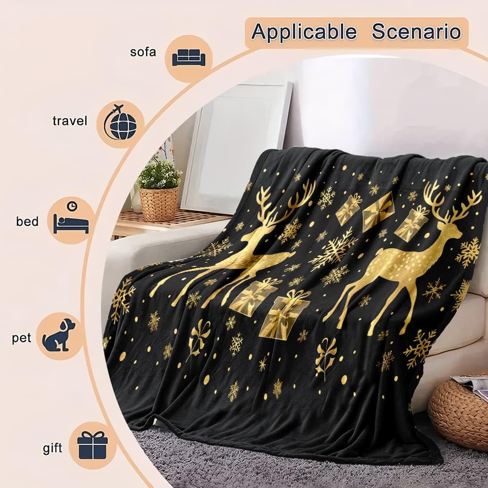 Generico Coperta Plaid Pile 180x200 cm XXL Renna Dorata A Tema Natalizio per Letto Singolo Calda Accogliente e Spessa in Morbido Velluto Nero Coperta Calda per Letto, Divano, Sedia e Divano