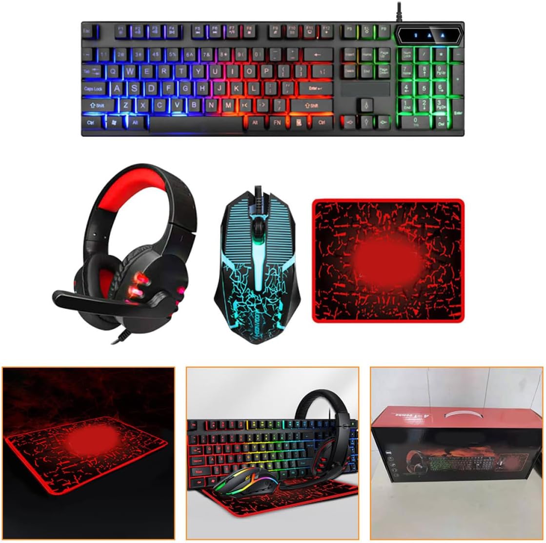 G3004 1セット ゲーミングキーボード マウス ヘッドセット マウスパッドコンボ 彩色バックライト付き 高耐久 【充電式】