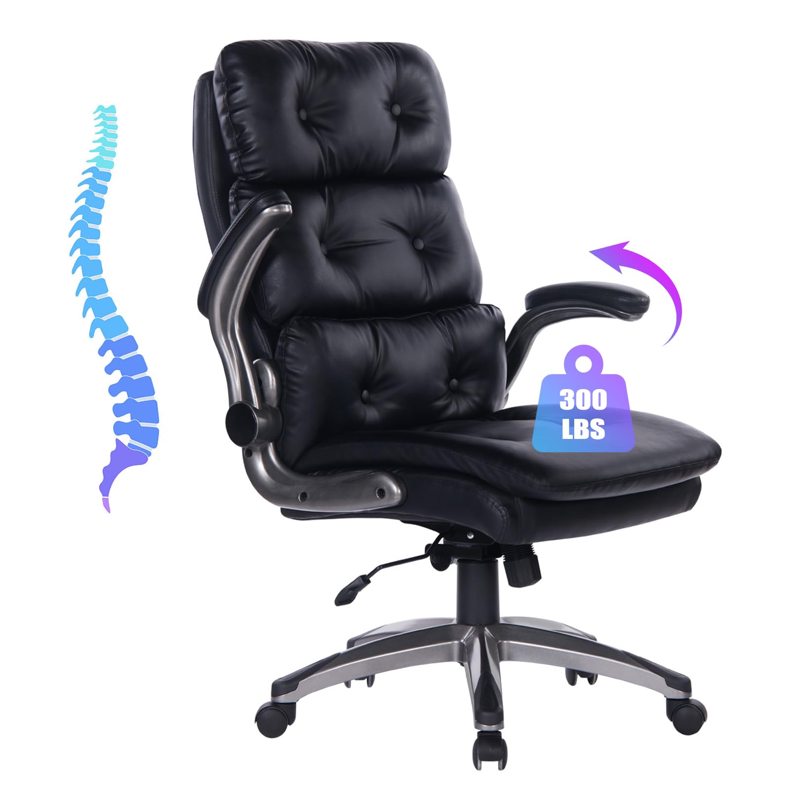 Executive Rocking Office Chair with Flip Up Armrest, Height Adjustable High Back PU Leather Office Chair with Wheels, 360°Swivel Ergonomic Computer Home Desk Chair