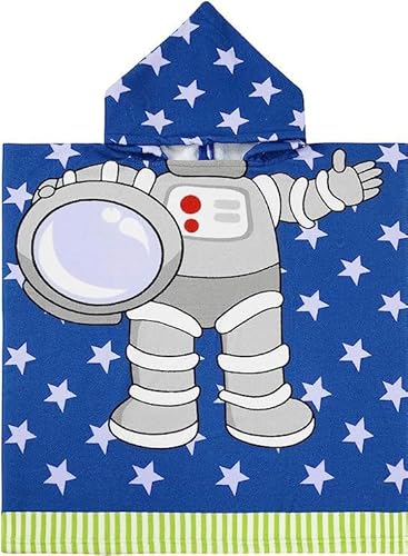 キッズフード付きビーチタオル ? かわいいキャラクターデザイン、軽量で柔らかいポンチョ型タオル、速乾&吸水性 の夏用タオル、お風呂上がり・海・プール・スイミングに最適 (Space)