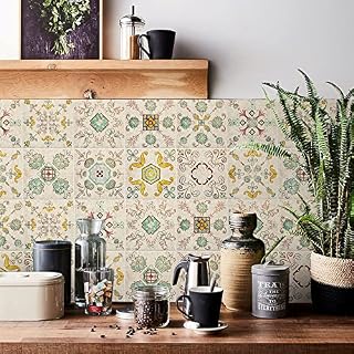 20pcs Beige Victorian Tile Stickers, Kitchen Bathroom Wall Tile Stickers Peel and Stick on Tile Transfers Covers Decals Self Adhesive Vinyl Waterproof Green Vintage Antique (15cm x 15cm, 6x6 inches)
