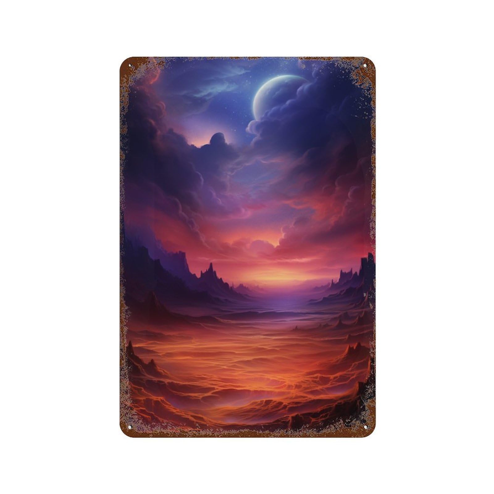 Desert Planet Sunset Landscape 11.8"x7.9" Aged Metal Wall Plaque, Vintage Wall Decor for Bistro, Counter And Cafe Decor