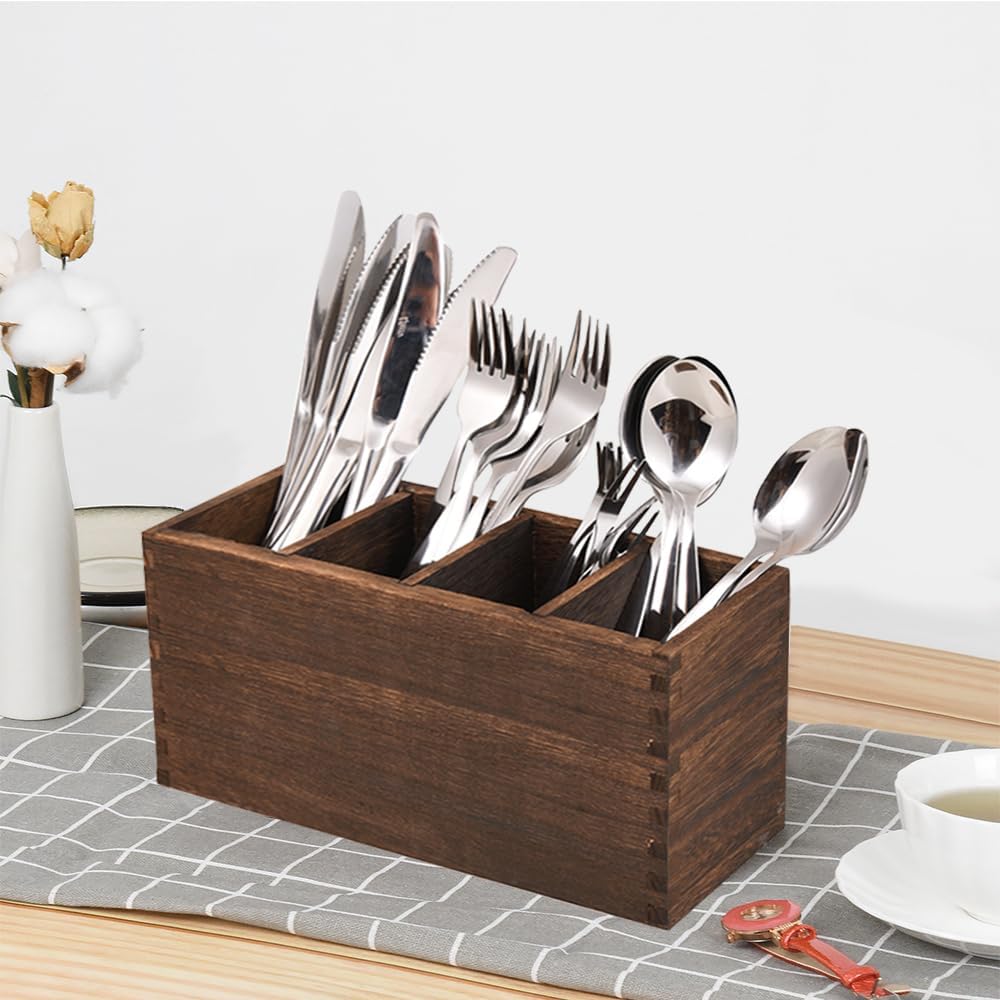 WuGeShop Heightened Wooden Silverware Holder, 4 Compartments Flatware Utensil Caddy, Great Flatware Caddy- Ideal for Kitchen, Dining, Home Party, Buffet, and More image 4