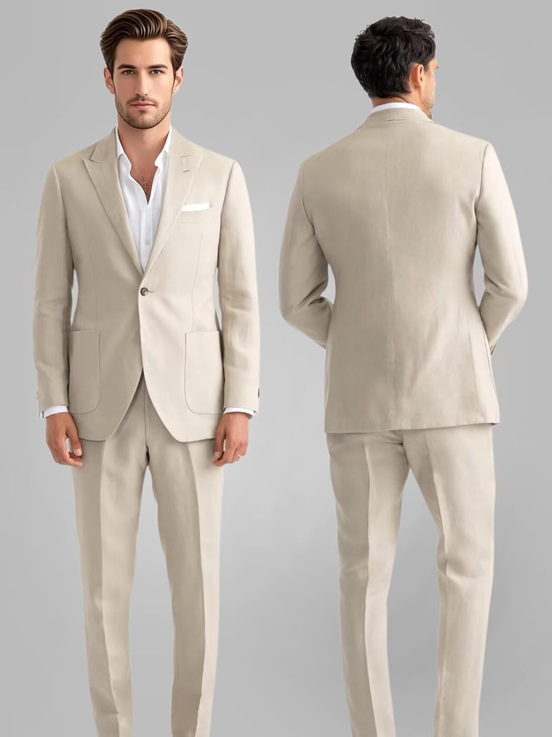 Mens Linen Suit 2 Piece Summer Casual Business Slim Fit Blazer Set for Beach Weddings Parties Tuxedo Jacket Pants - Image 4