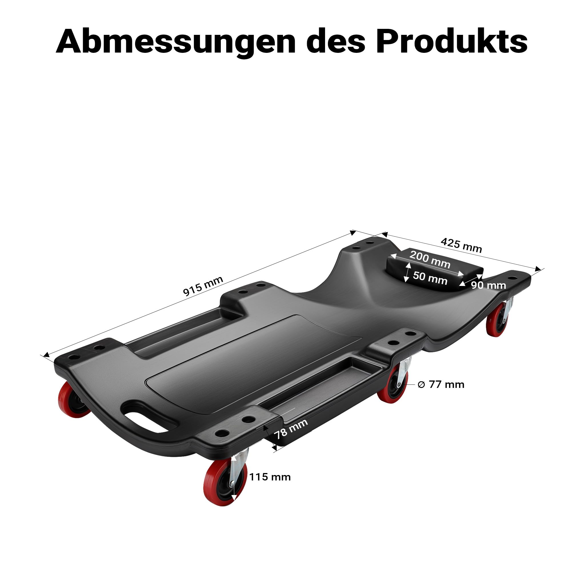 Wiltec Kfz Montageliege 90x40x9cm bis 90 kg aus Kunststoff, Rollbrett mit Abnehmbarer Kopfstütze & Werkzeugfächern, Rollliege, Werkstattliege