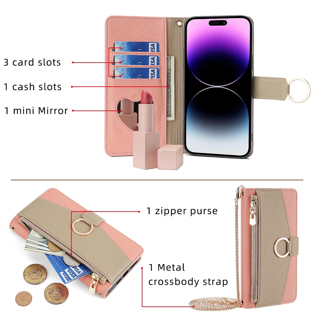 ESONG Cover per iPhone 17 PRO Portafoglio Case con Cordino Cinturino e Ring, Custodia A Libro In Pelle Flip Cerniera,Caso per Donna Con Porta Carte, Magnetica,Supporto Caffè