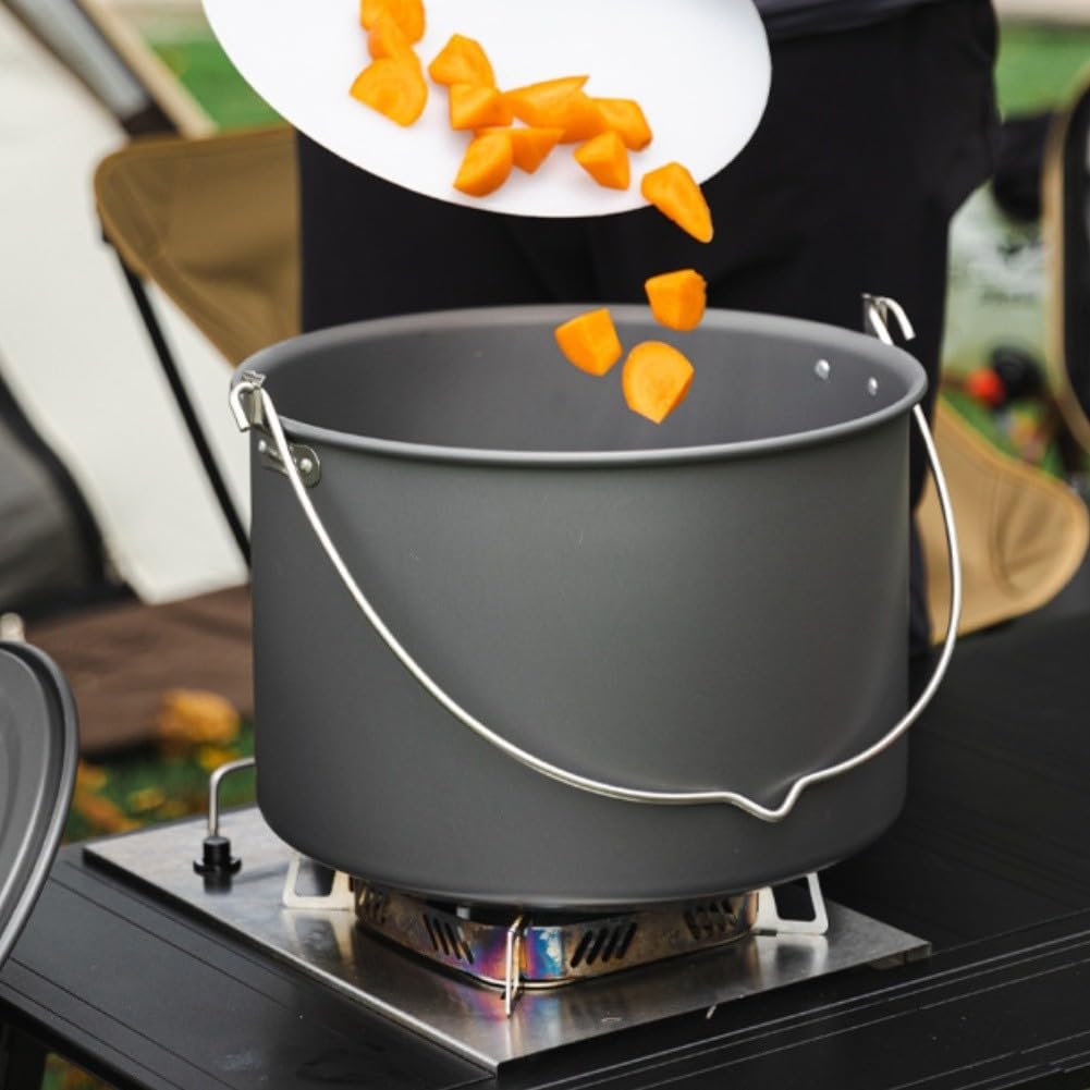 Olla colgante de camping de 15 L con tapa y vaporizador, juego de utensilios de cocina de aleación de aluminio anodizado duro con tabla de cortar, mango resistente al calor para picnic al aire libre